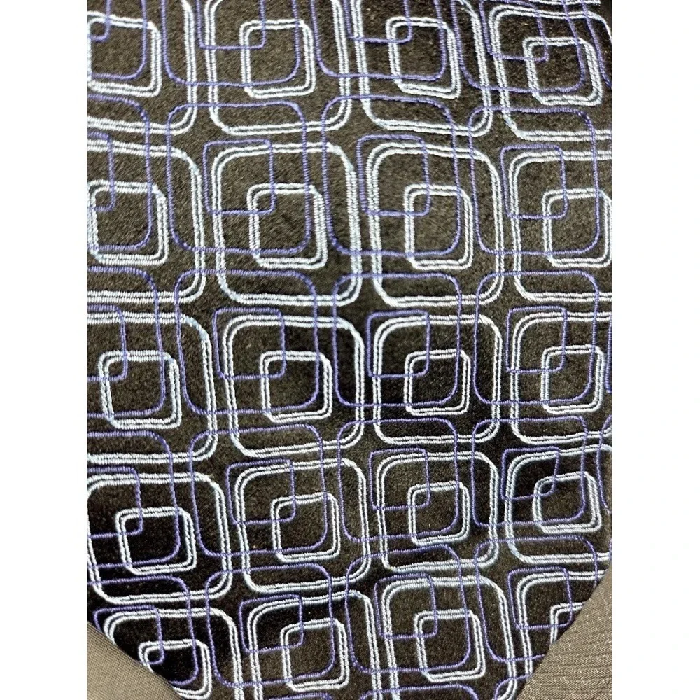 Stafford Men's 100% Silk Tie Geometric Square Pattern Black Purple Blue Long